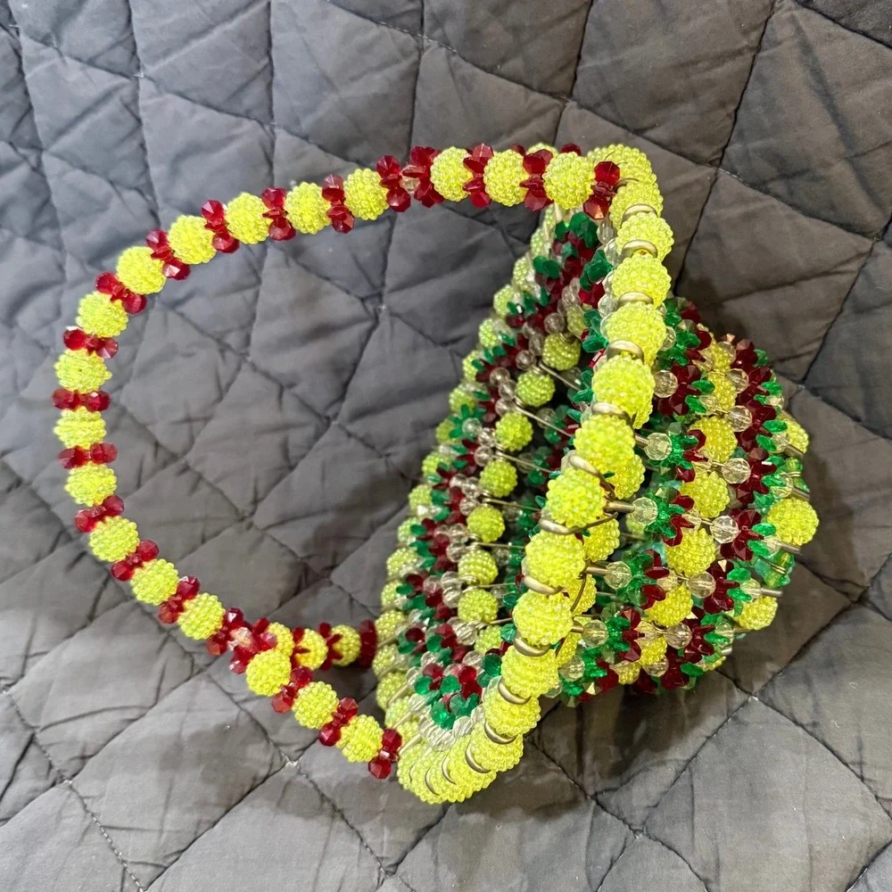 Vintage Beaded Basket Decor Fruit‎ Color Plastic Bead Bowl Display